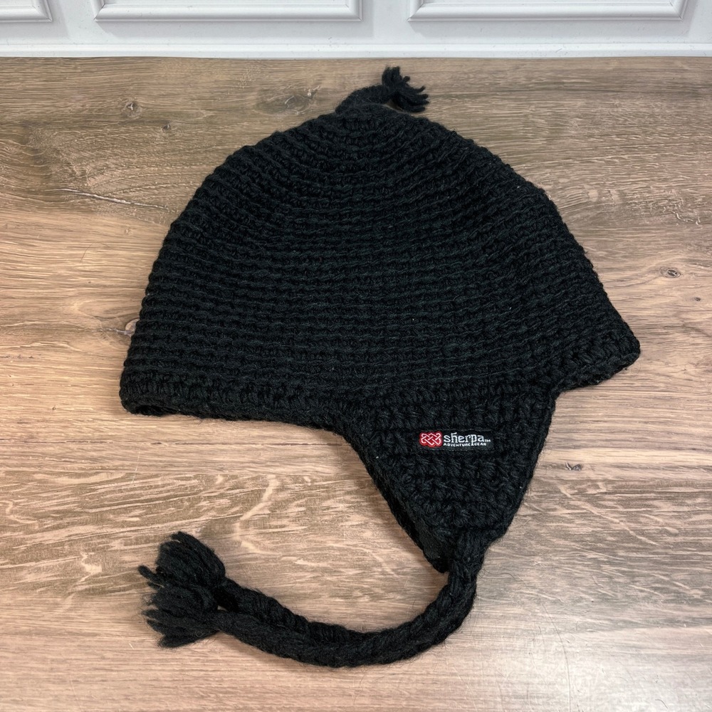 Sherpa Adventure Gear Beanie Black Wool Fleece Lined Earflap Hat Unisex OS